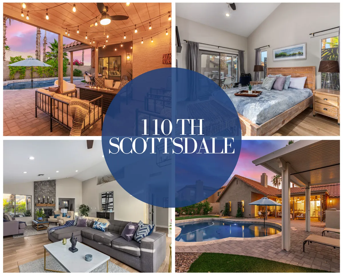 The image showcases a spacious and inviting indoor-outdoor living area: a plush living room with a glowing electric fireplace, seamlessly opening onto a patio with comfortable outdoor seating. Beyond, a sparkling pool is framed by sunset skies, perfect for family gatherings, relaxation, and outdoor entertaining.
